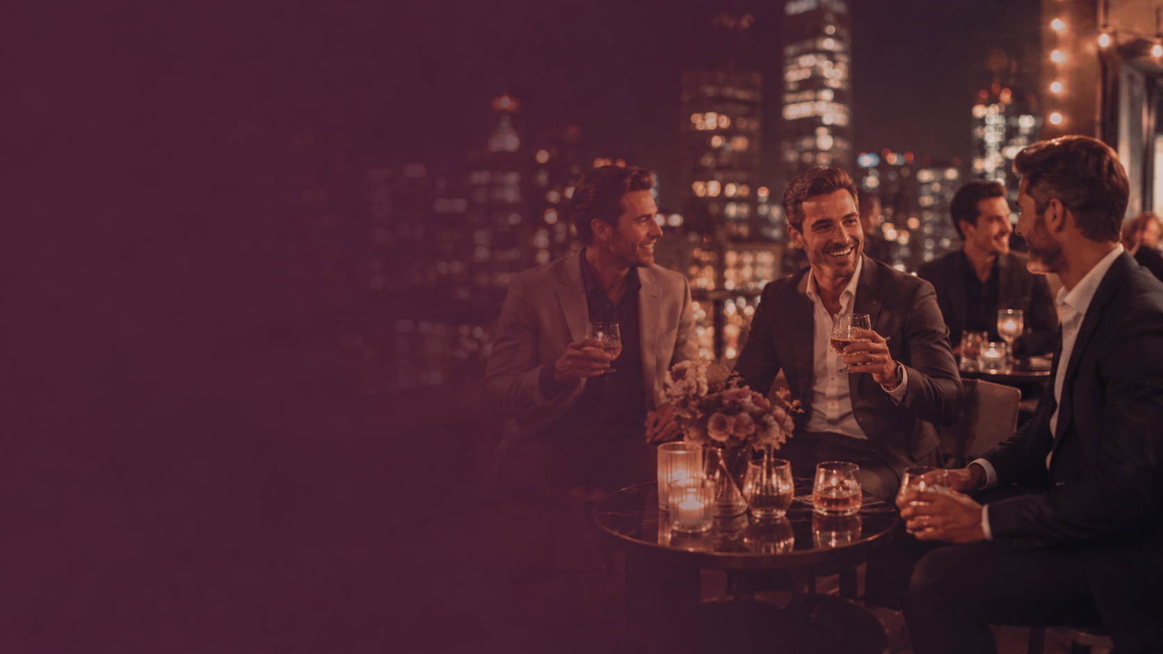 Upscale bachelor party with rooftop city views