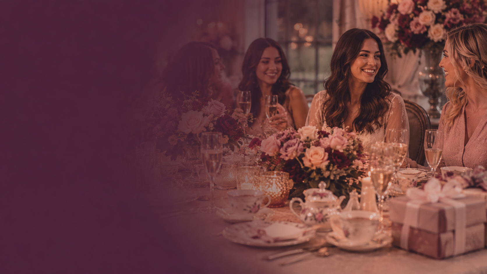 Refined bridal shower table with flowers and gifts