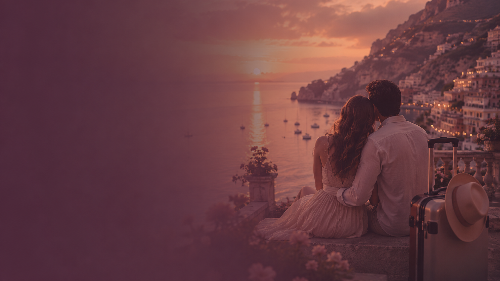 Romantic honeymoon couple at a coastal sunset