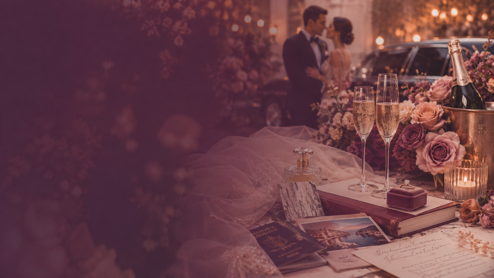 Romantic wedding details with champagne, travel notes, flowers, and a couple in the background